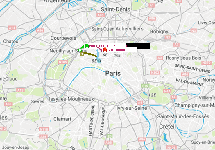 plan itinéraire ratp de Porte de Champerret à Guy-Môquet