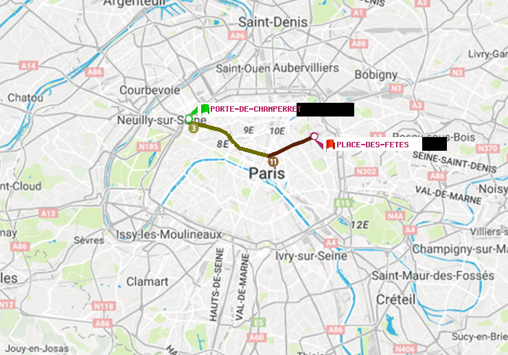 plan itinéraire ratp de Porte de Champerret à Place des Fêtes