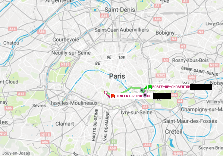 plan itinéraire ratp de Porte de Charenton à Denfert-Rochereau