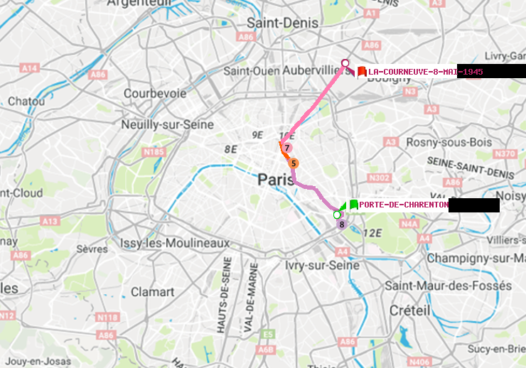 plan itinéraire ratp de Porte de Charenton à La Courneuve-8-Mai-1945