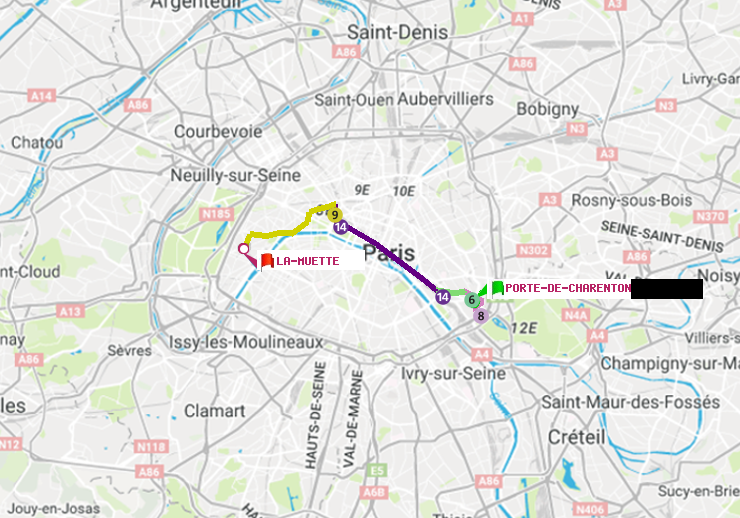 plan itinéraire ratp de Porte de Charenton à La Muette