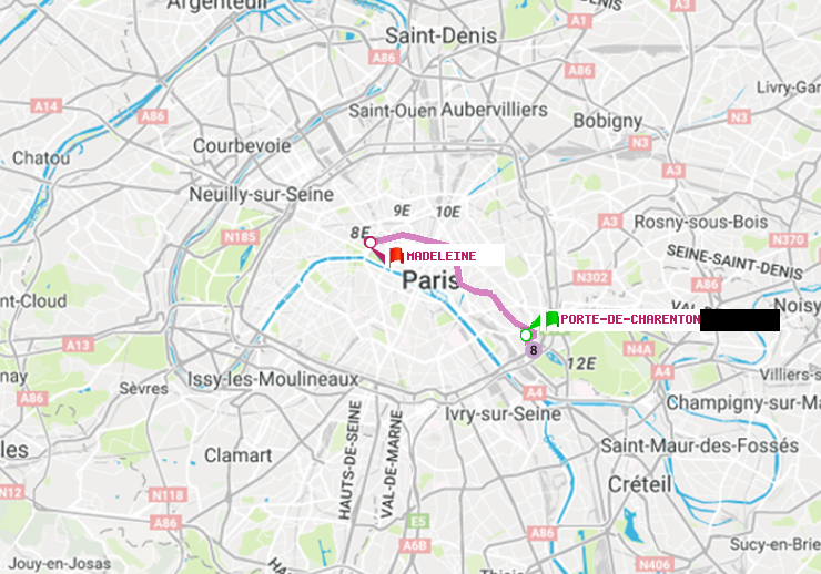 plan itinéraire ratp de Porte de Charenton à Madeleine