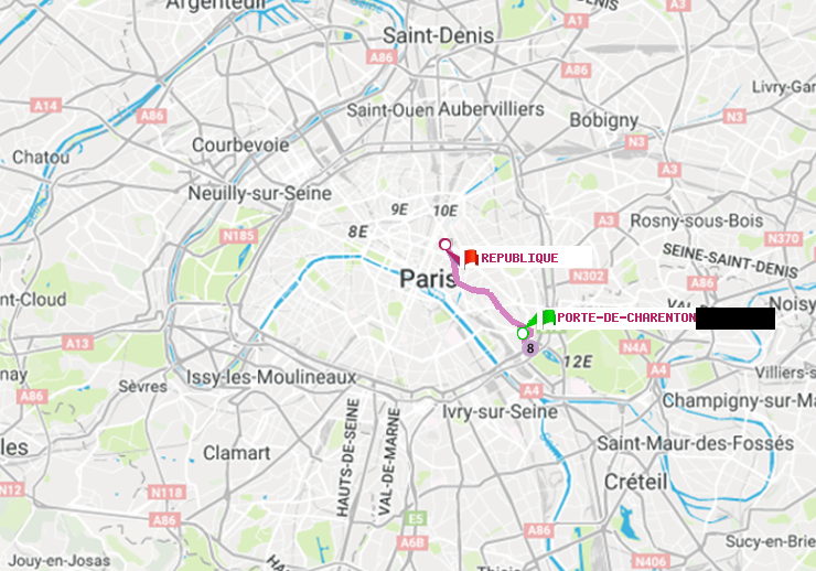 plan itinéraire ratp de Porte de Charenton à République