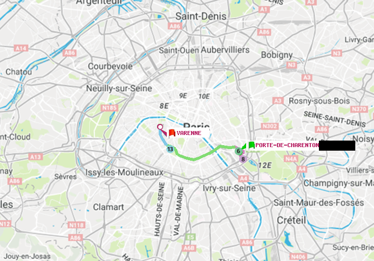 plan itinéraire ratp de Porte de Charenton à Varenne