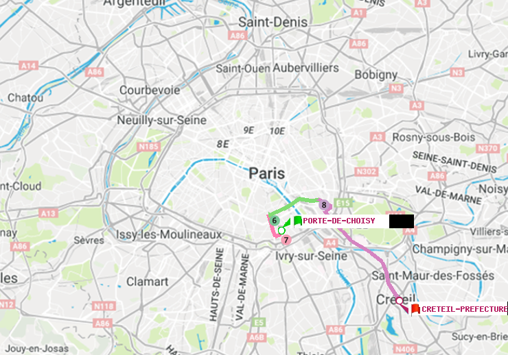 plan itinéraire ratp de Porte de Choisy à Créteil-Préfecture (Hôtel de Ville)