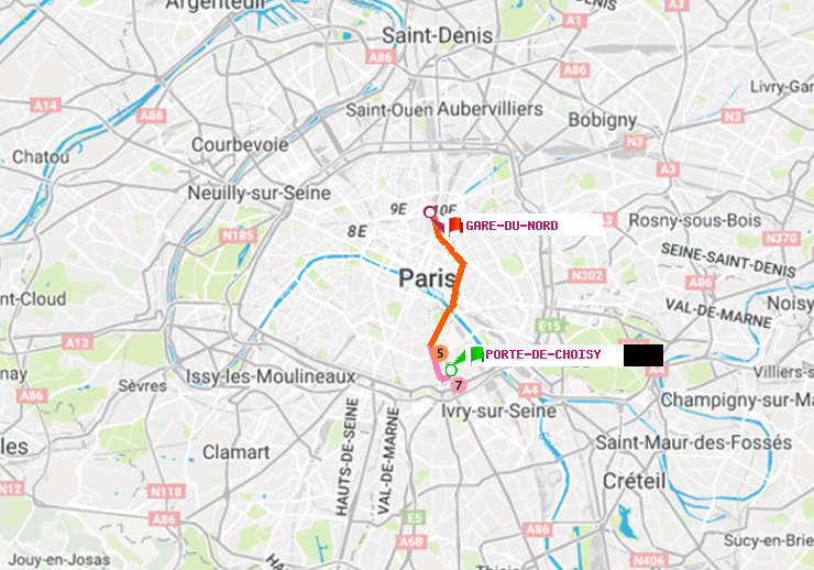plan itinéraire ratp de Porte de Choisy à Gare du Nord