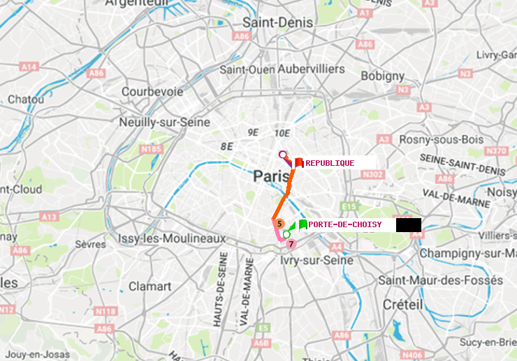 plan itinéraire ratp de Porte de Choisy à République