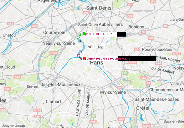 plan itinéraire ratp de Porte de Clichy à Champs-Elysées-Clémenceau