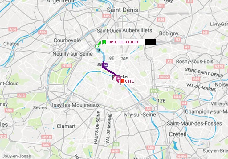 plan itinéraire ratp de Porte de Clichy à Cité