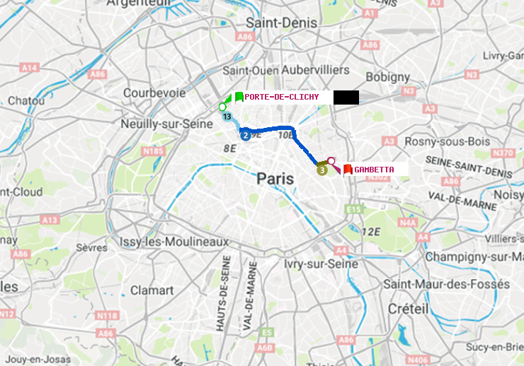 plan itinéraire ratp de Porte de Clichy à Gambetta