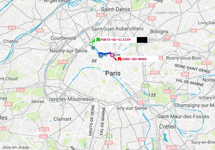 plan itinéraire ratp de Porte de Clichy à Gare du Nord