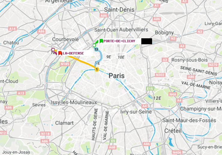 plan itinéraire ratp de Porte de Clichy à La Défense (Grande Arche)