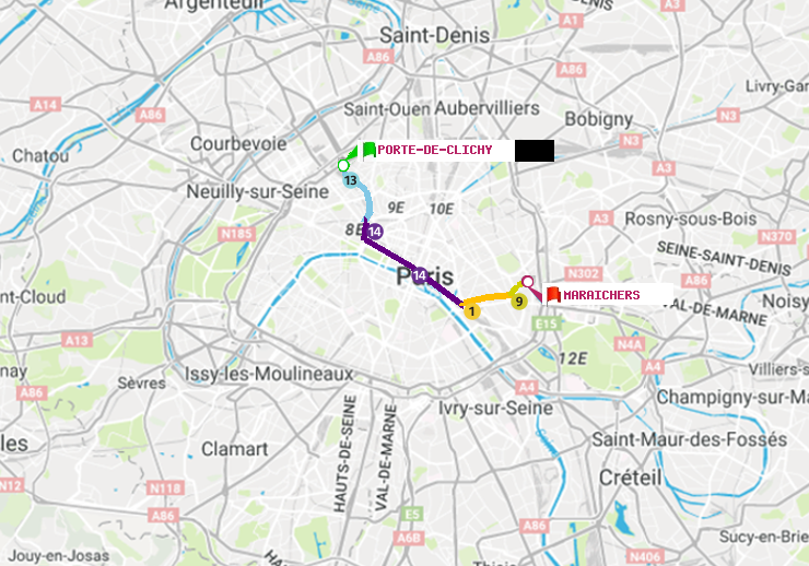 plan itinéraire ratp de Porte de Clichy à Maraichers