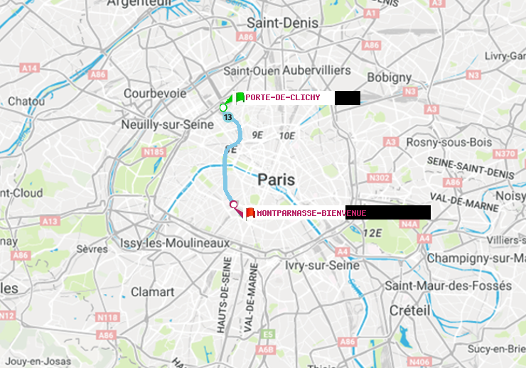 plan itinéraire ratp de Porte de Clichy à Montparnasse-Bienvenue