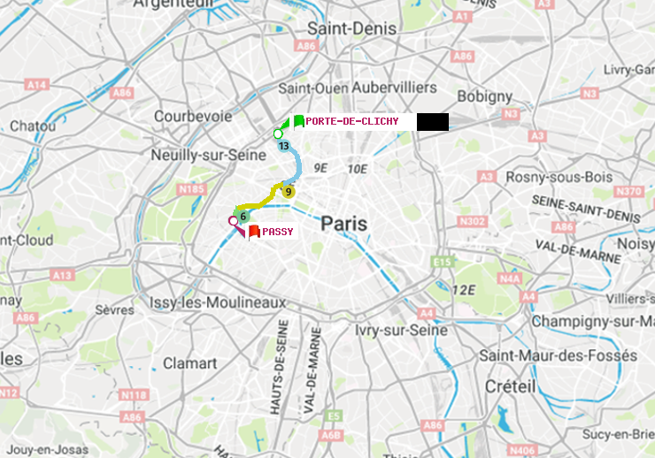 plan itinéraire ratp de Porte de Clichy à Passy