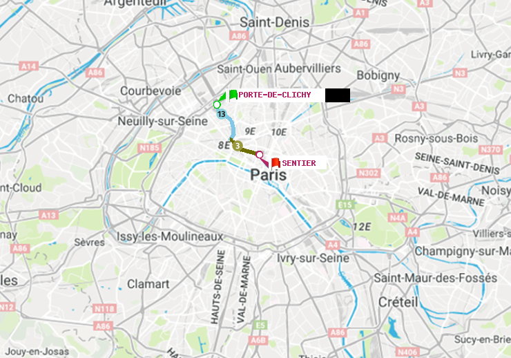 plan itinéraire ratp de Porte de Clichy à Sentier