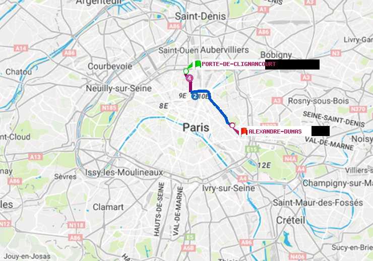plan itinéraire ratp de Porte de Clignancourt à Alexandre-Dumas