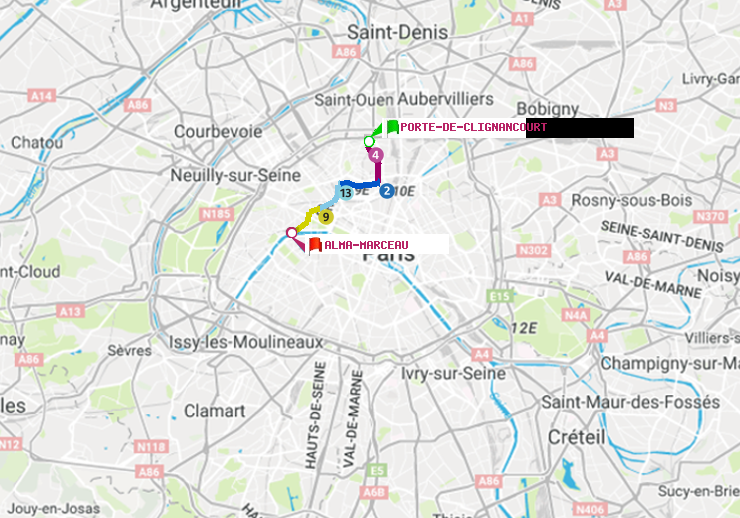 plan itinéraire ratp de Porte de Clignancourt à Alma-Marceau