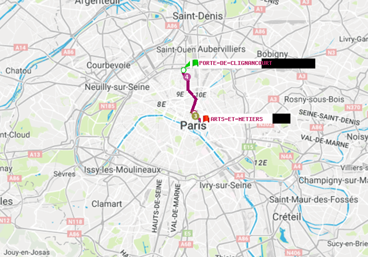 plan itinéraire ratp de Porte de Clignancourt à Arts-et-Métiers