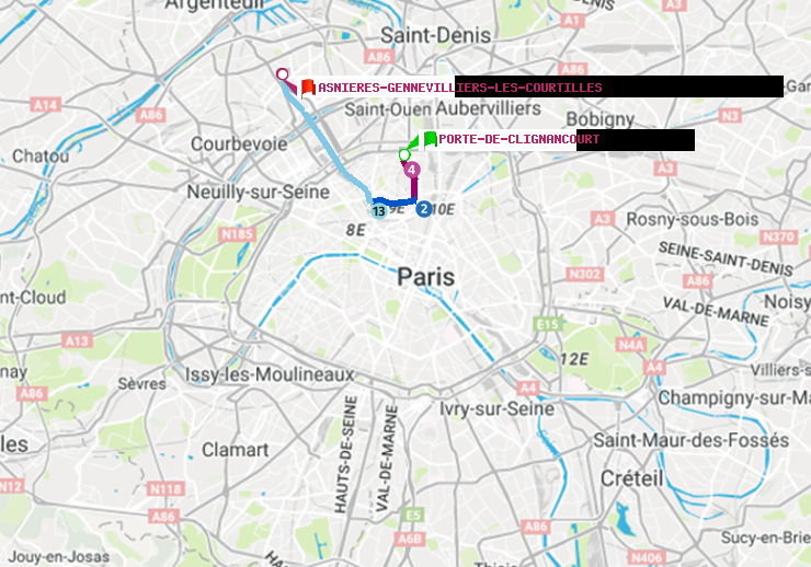 plan itinéraire ratp de Porte de Clignancourt à Asnieres-Gennevilliers Les Courtilles