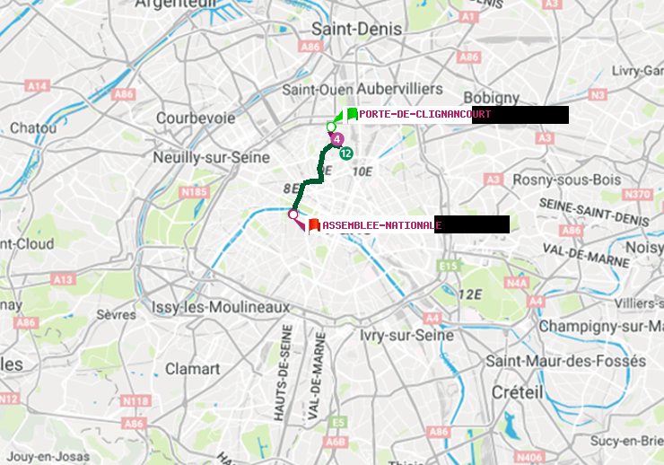 plan itinéraire ratp de Porte de Clignancourt à Assemblée Nationale
