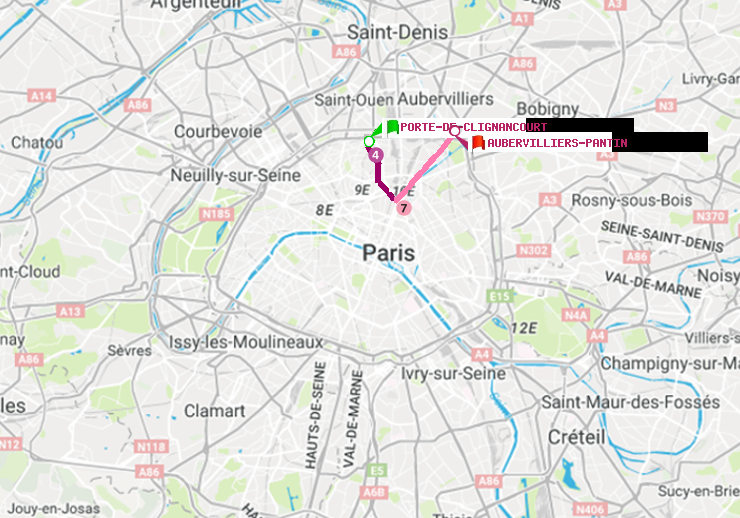 plan itinéraire ratp de Porte de Clignancourt à Aubervilliers Pantin (4 Chemins)