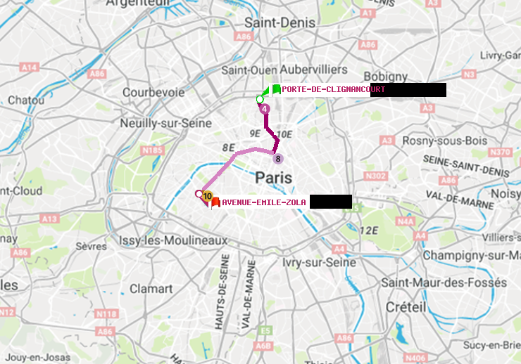 plan itinéraire ratp de Porte de Clignancourt à Avenue Emile-Zola