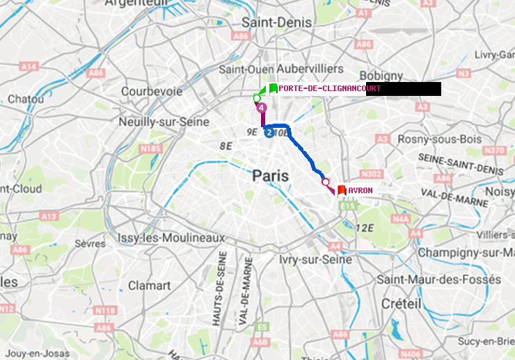 plan itinéraire ratp de Porte de Clignancourt à Avron