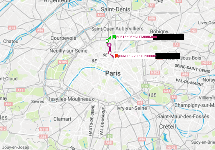plan itinéraire ratp de Porte de Clignancourt à Barbès-Rochechouart