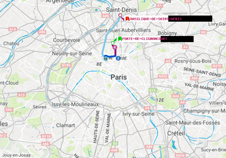 plan itinéraire ratp de Porte de Clignancourt à Basilique de Saint-Denis