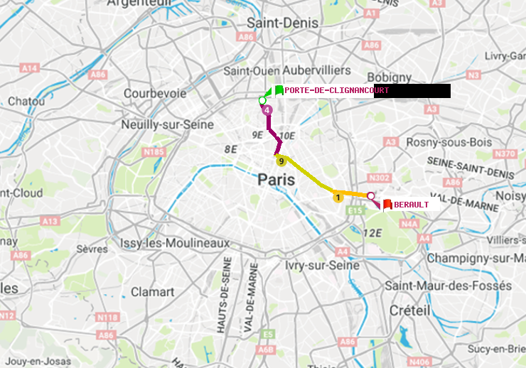 plan itinéraire ratp de Porte de Clignancourt à Bérault