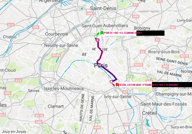 plan itinéraire ratp de Porte de Clignancourt à Bibliotheque-Francois Mitterrand