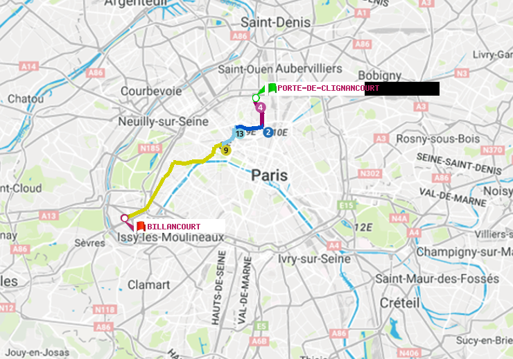 plan itinéraire ratp de Porte de Clignancourt à Billancourt