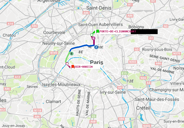 plan itinéraire ratp de Porte de Clignancourt à Bir-Hakeim (Grenelle)