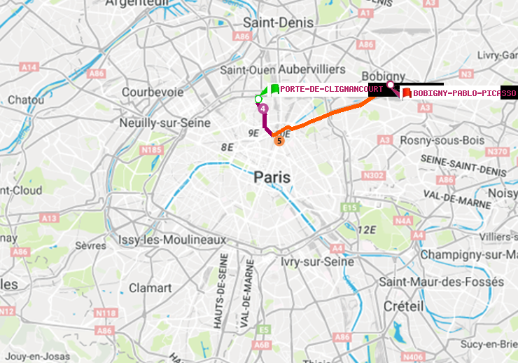 plan itinéraire ratp de Porte de Clignancourt à Bobigny-Pablo-Picasso