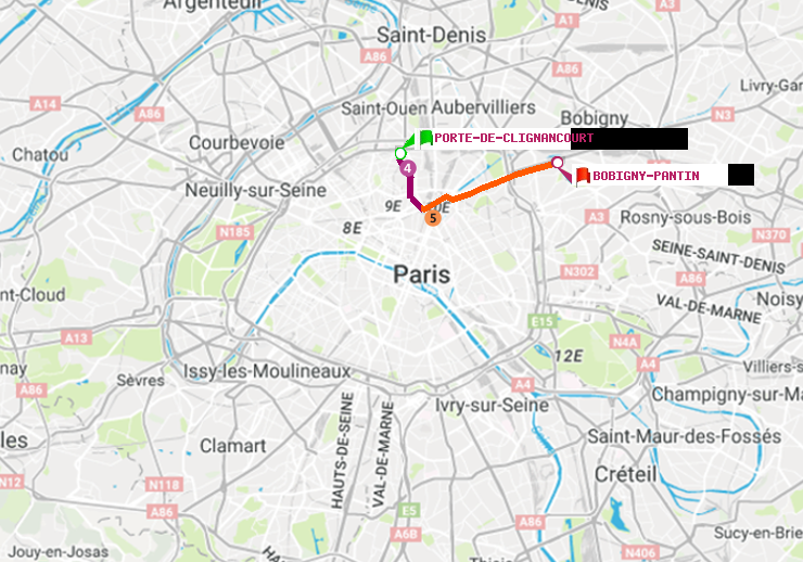 plan itinéraire ratp de Porte de Clignancourt à Bobigny-Pantin (Raymond Queneau)