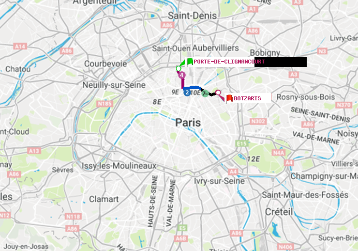 plan itinéraire ratp de Porte de Clignancourt à Botzaris