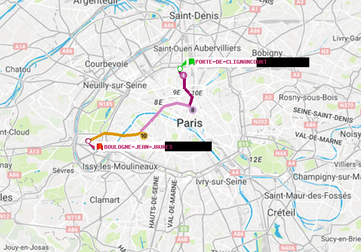 plan itinéraire ratp de Porte de Clignancourt à Boulogne-Jean-Jaurès