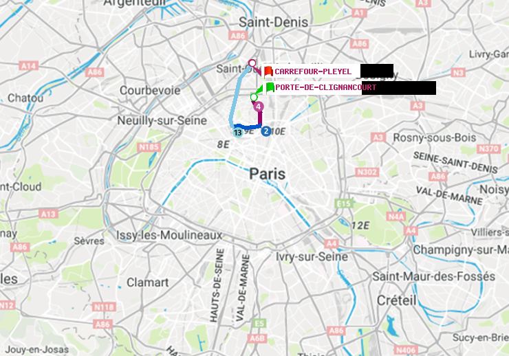 plan itinéraire ratp de Porte de Clignancourt à Carrefour-Pleyel