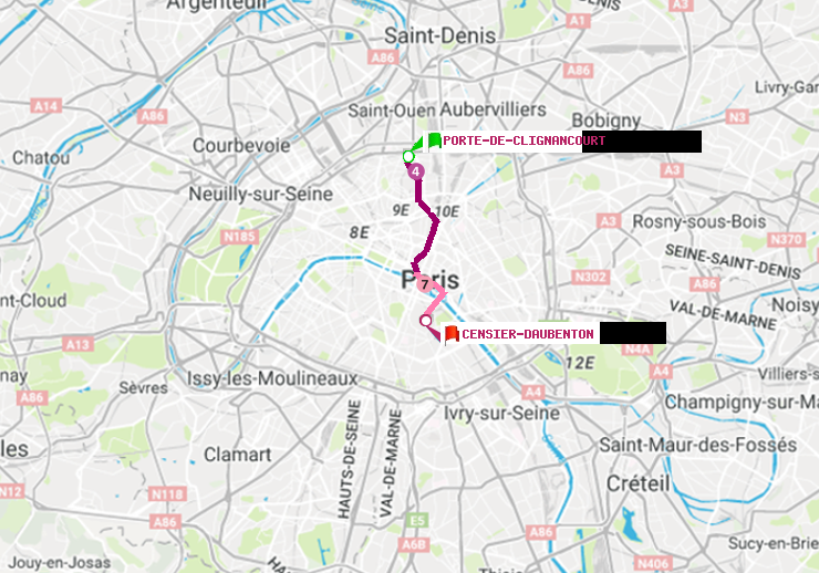 plan itinéraire ratp de Porte de Clignancourt à Censier-Daubenton