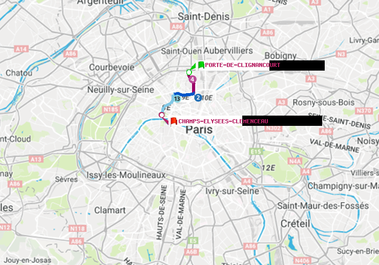 plan itinéraire ratp de Porte de Clignancourt à Champs-Elysées-Clémenceau
