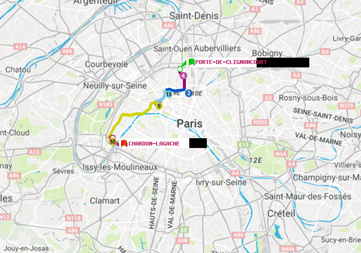 plan itinéraire ratp de Porte de Clignancourt à Chardon-Lagache