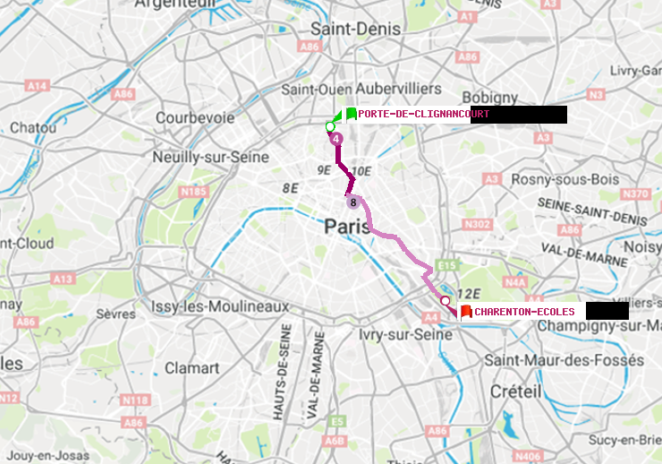 plan itinéraire ratp de Porte de Clignancourt à Charenton-Ecoles
