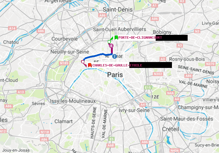 plan itinéraire ratp de Porte de Clignancourt à Charles de Gaulle-Etoile