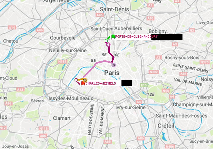 plan itinéraire ratp de Porte de Clignancourt à Charles Michels