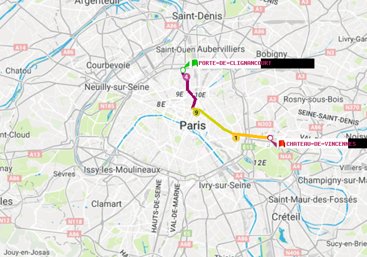 plan itinéraire ratp de Porte de Clignancourt à Château de Vincennes