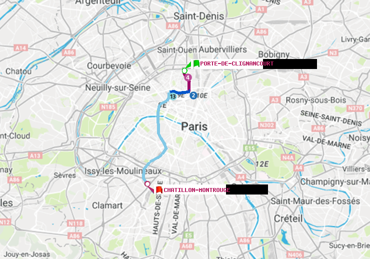 plan itinéraire ratp de Porte de Clignancourt à Châtillon Montrouge
