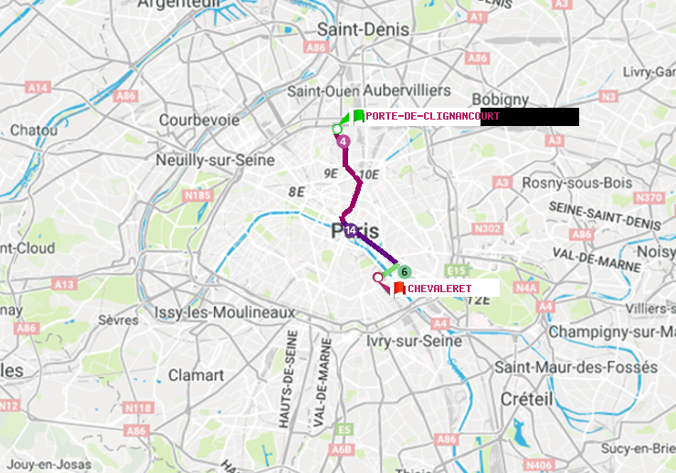 plan itinéraire ratp de Porte de Clignancourt à Chevaleret