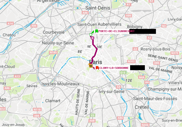 plan itinéraire ratp de Porte de Clignancourt à Cluny-La Sorbonne