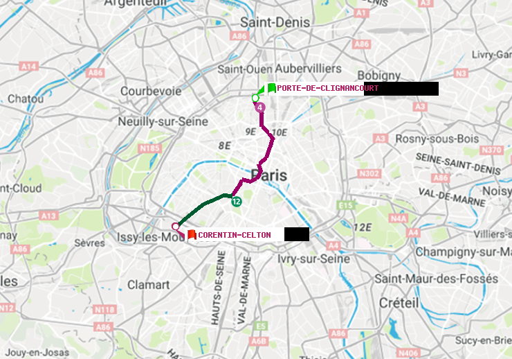 plan itinéraire ratp de Porte de Clignancourt à Corentin-Celton